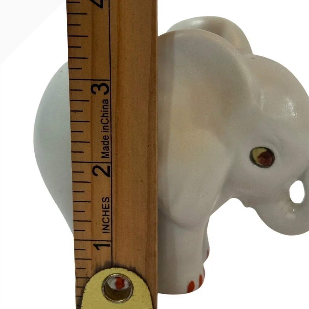 Whimsical Vintage White Bone China Baby Elephant Figurine Miniature Red Toenails